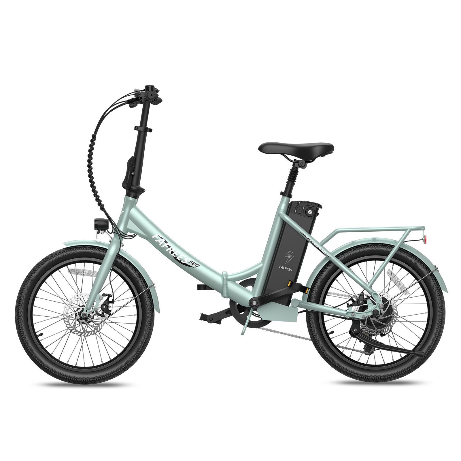 Hellgrünes Fafrees F20 E-Bike. Schwarze Reifen, Sattel und Lenker. Akku am Rahmen. Gepäckträger hinten.
