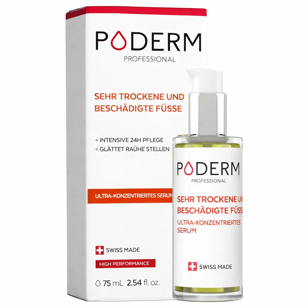 Produktverpackung mit Serumflasche. Aufschrift: PODERM, SEHR TROCKENE UND BESCHÄDIGTE FÜSSE. Swiss Made.