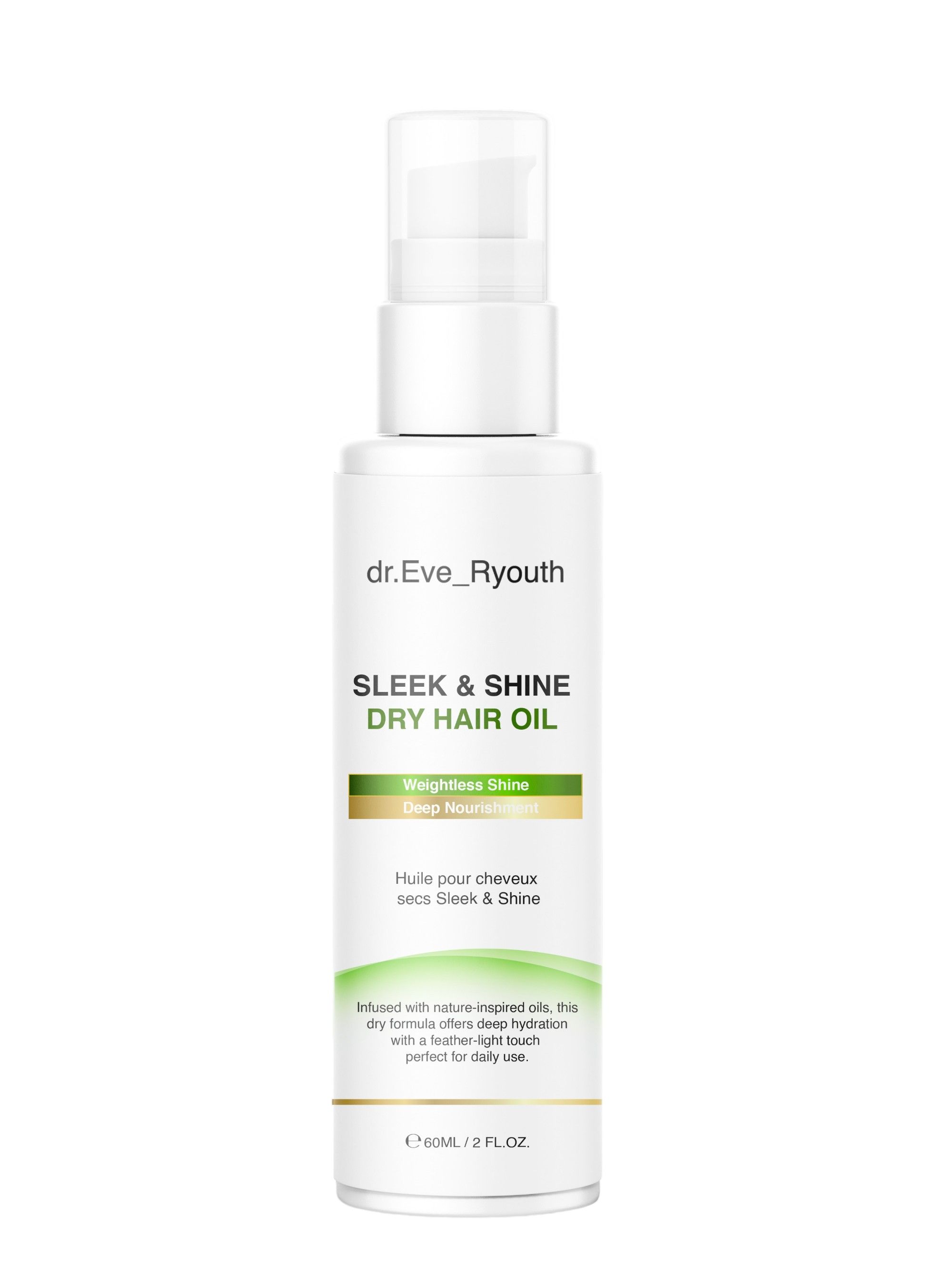 Weiße Flasche mit Pumpe. Aufschrift: Sleek & Shine Dry Hair Oil. Text: Huile pour cheveux secs Sleek & Shine.