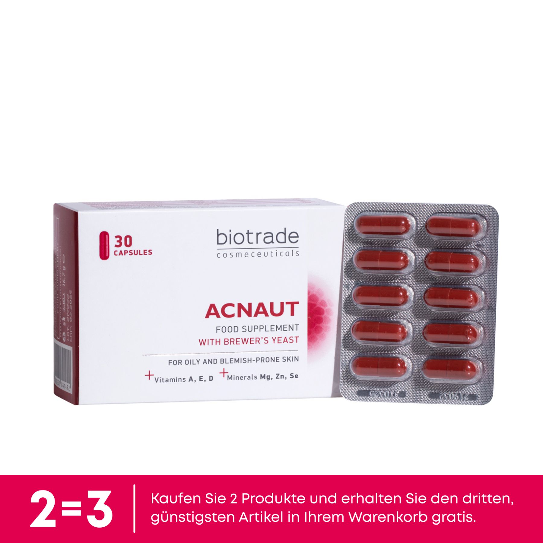 Biotrade Acnaut Nahrungsergänzungsmittel. Schachtel und Blister mit roten Kapseln. Aufschrift: Acnaut, für unreine Haut. Angebot.