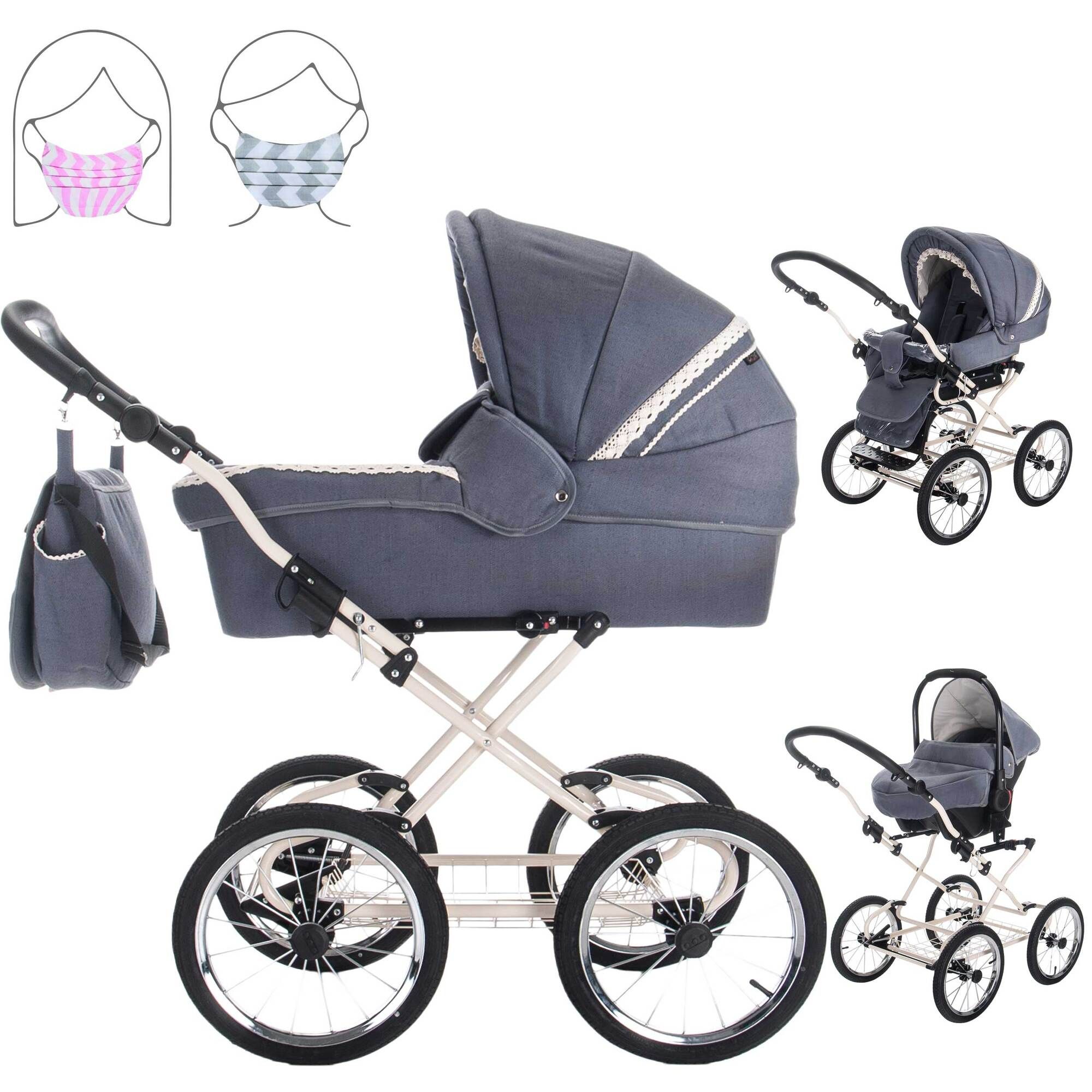 Friedrich Hugo Natureline 3 in 1 Kinderwagen Set Öko Nostalgie Kinderwagen, Hugo Stone Creme