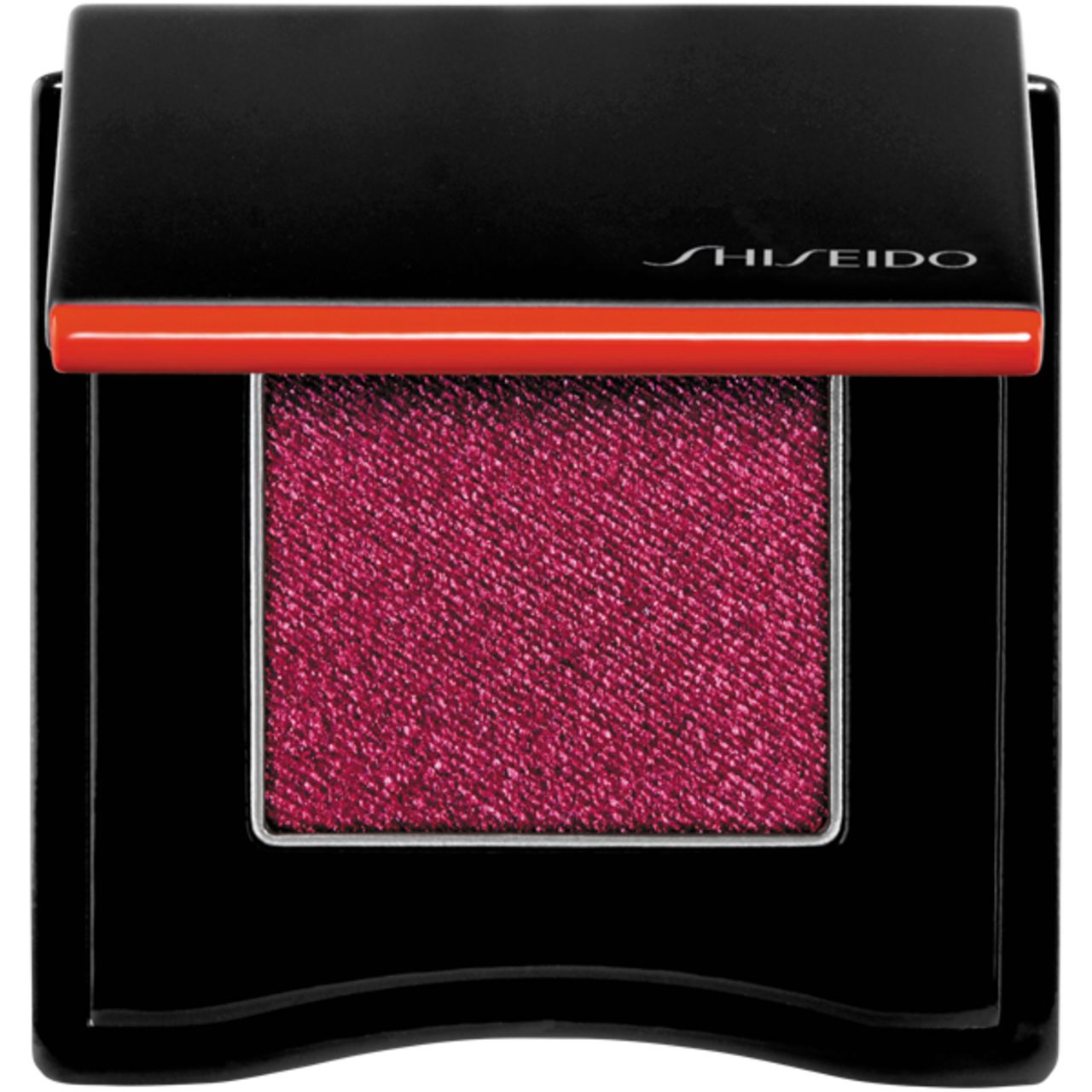 Shiseido Powder Gel Lidschatten. Schwarze Verpackung mit rotem Akzent. Roter Lidschatten. Marke sichtbar.
