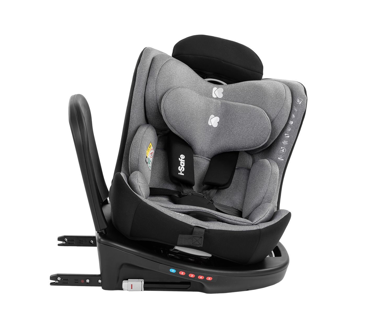 Grauer Kindersitz mit Isofix-Basis und verstellbarer Kopfstütze.