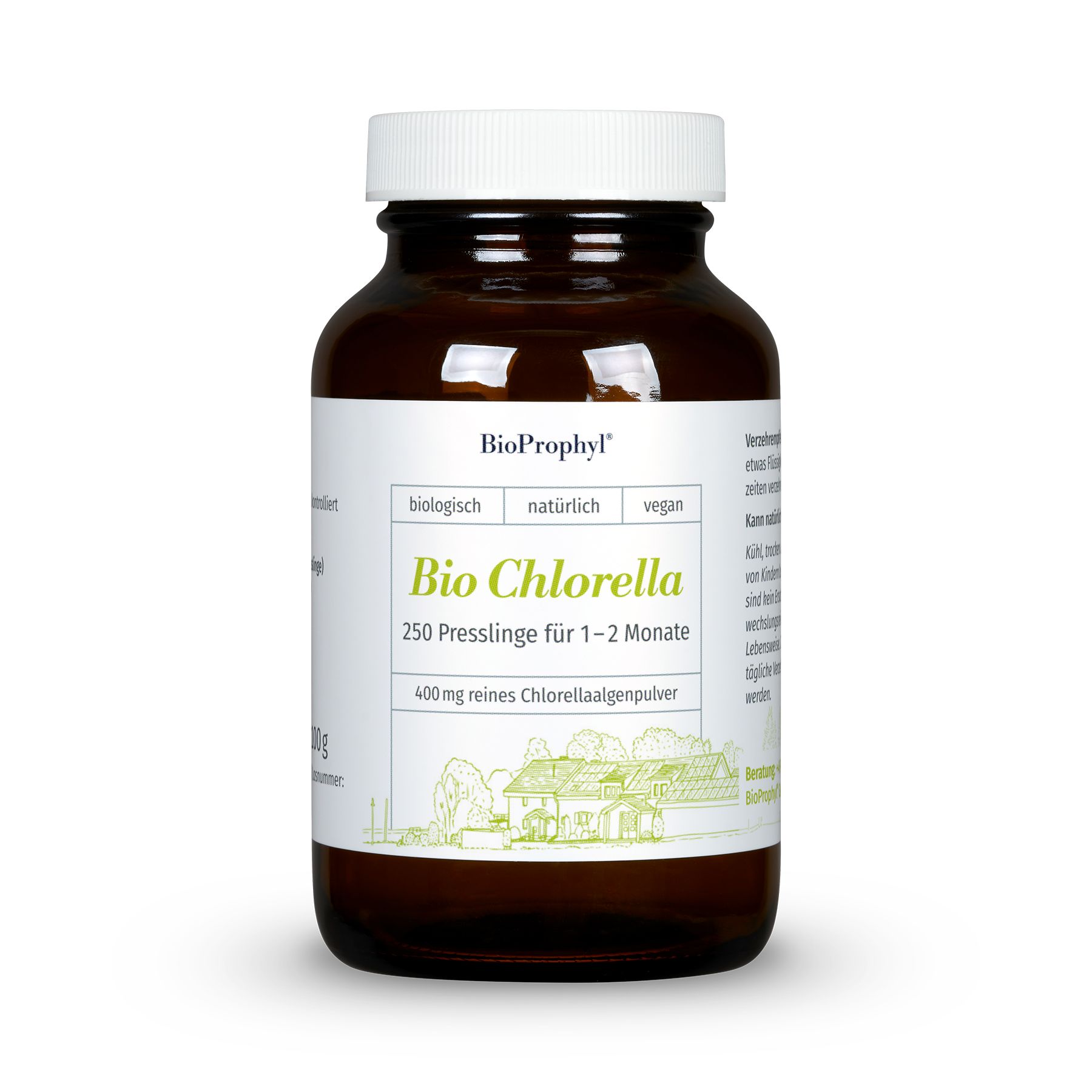 Braune Glasflasche mit weißem Deckel und Etikett. Aufschrift: Bio Chlorella, 250 Presslinge. Label mit BioProphyl Logo.