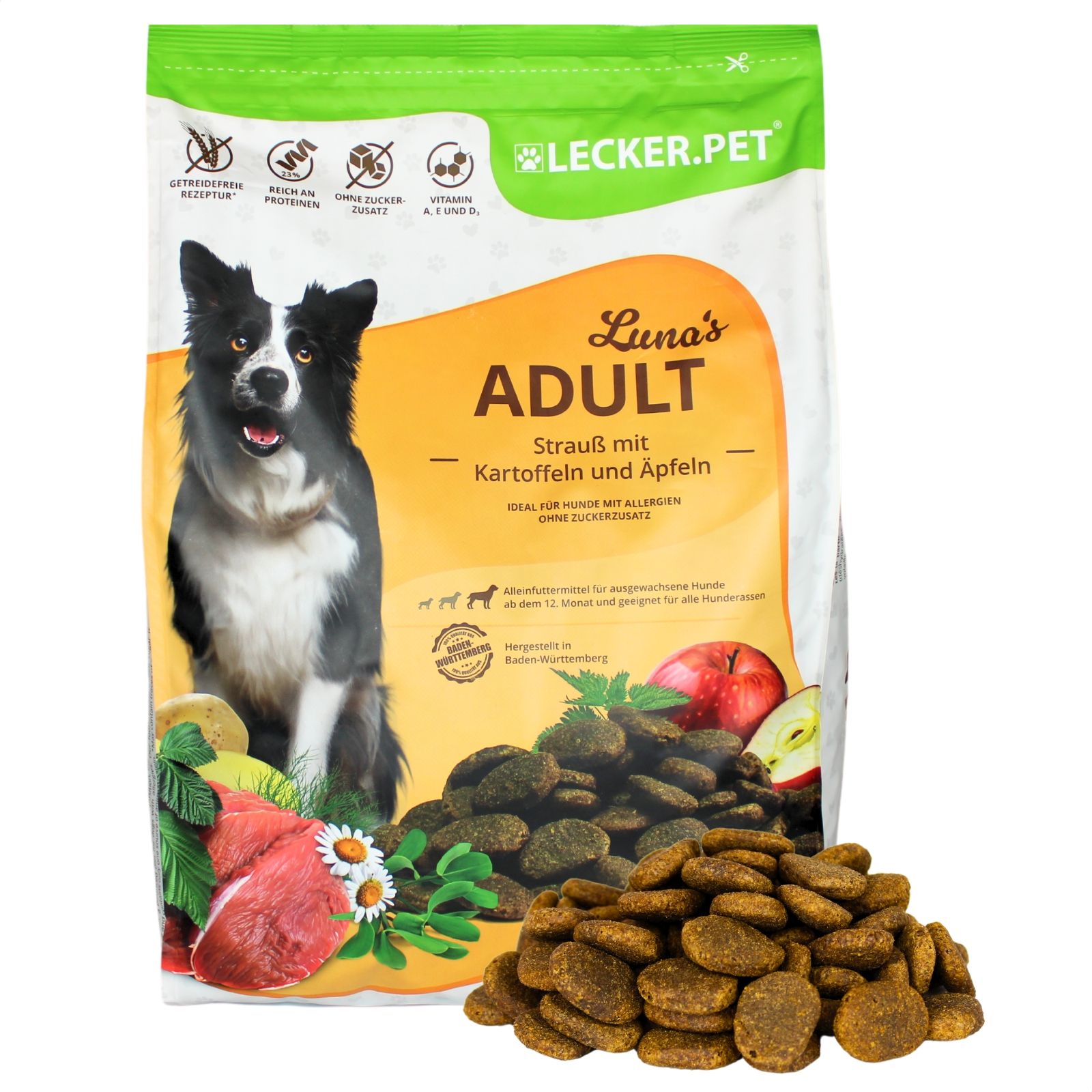 Lecker.Pet® Luna's Adult Strauß mit Kartoffel & Apfel Hundefutter Trockenfutter Vollnahrung 4 kg Nicht relevant