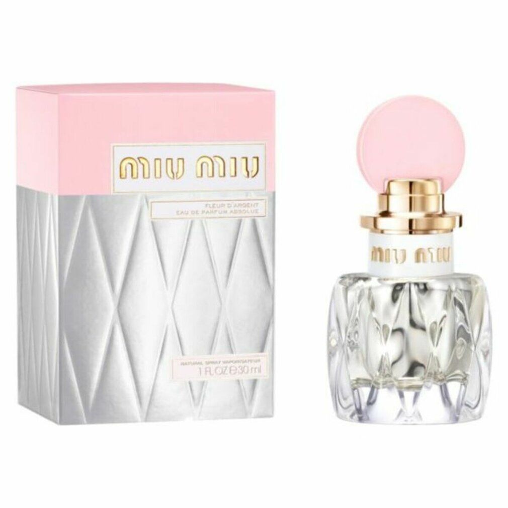 Parfümflakon und Verpackung. Flakon quadratisch, Diamantmuster, rosa Deckel. Verpackung rosa/silber, Miu Miu Logo.