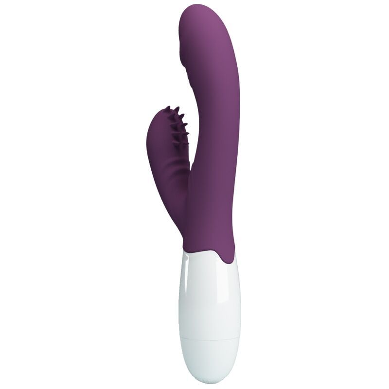 Lila Vibrator mit weißem Sockel. Der gebogene Schaft hat eine geriffelte Spitze und einen G-Punkt-Stimulator.