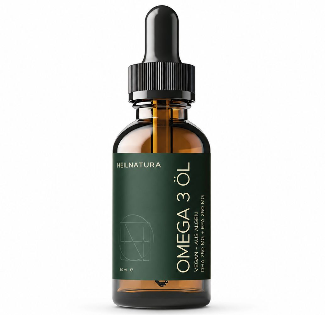 Braunglasflasche mit Pipettenverschluss, Etikett mit 'OMEGA 3 ÖL'.