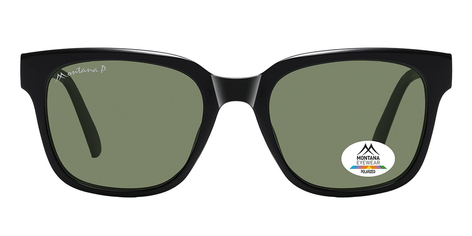 Schwarze Sonnenbrille mit grünen Gläsern. Montana Eyewear Logo auf dem Bügel und Glas. Polarisiert-Aufkleber auf dem Glas.