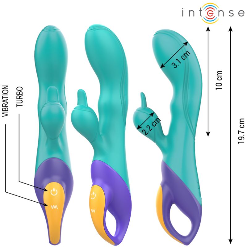 Türkis-lila Vibrator mit gelbem Akzent. Maße: 19,7 cm lang, 10 cm hoch, 3,1 cm breit. Mit Turbo- und Vibrationstaste.