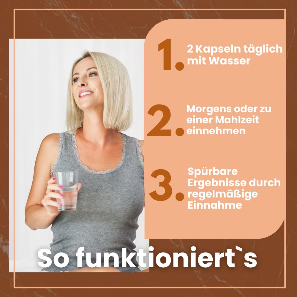 Frau mit Glas Wasser. Text: So funktioniert's: 2 Kapseln täglich mit Wasser, morgens oder zu einer Mahlzeit einnehmen, spürbare Ergebnisse.