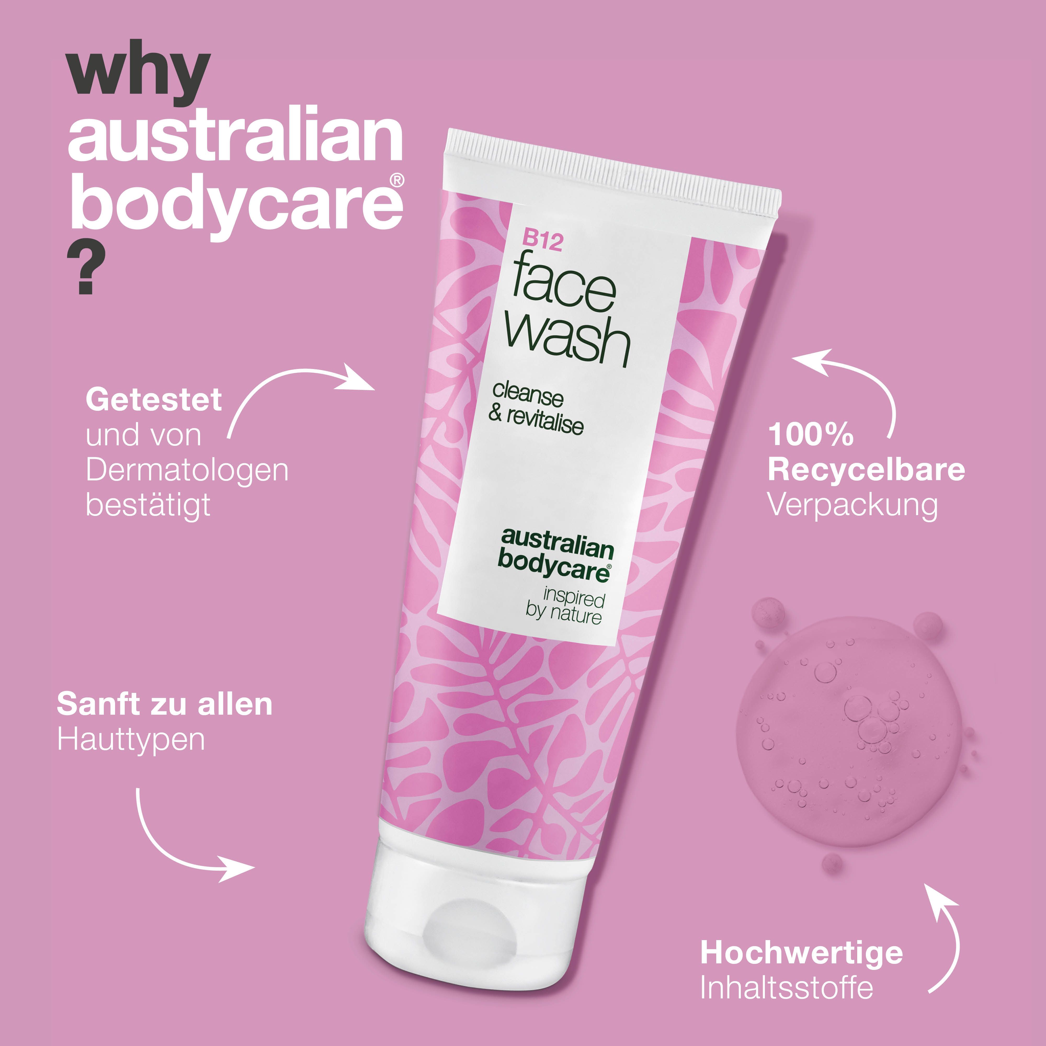 Tube Gesichtswaschmittel mit Text und Icons. Aufschrift: B12 Face Wash, cleanse & revitalise, Australian Bodycare. 100% recycelbar.