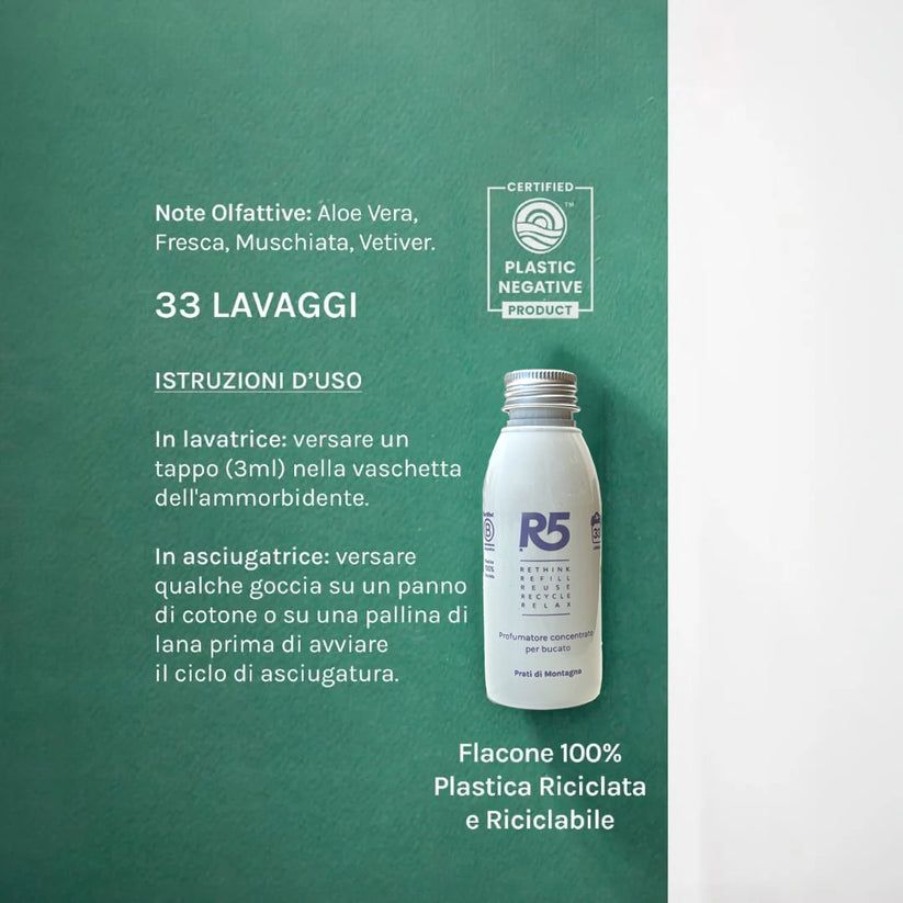 Kleines weißes Fläschchen mit silbernem Deckel. Aufschrift R5. Text und Logo. Text: 33 Waschgänge. Zertifizierung: Plastic Negative Product.