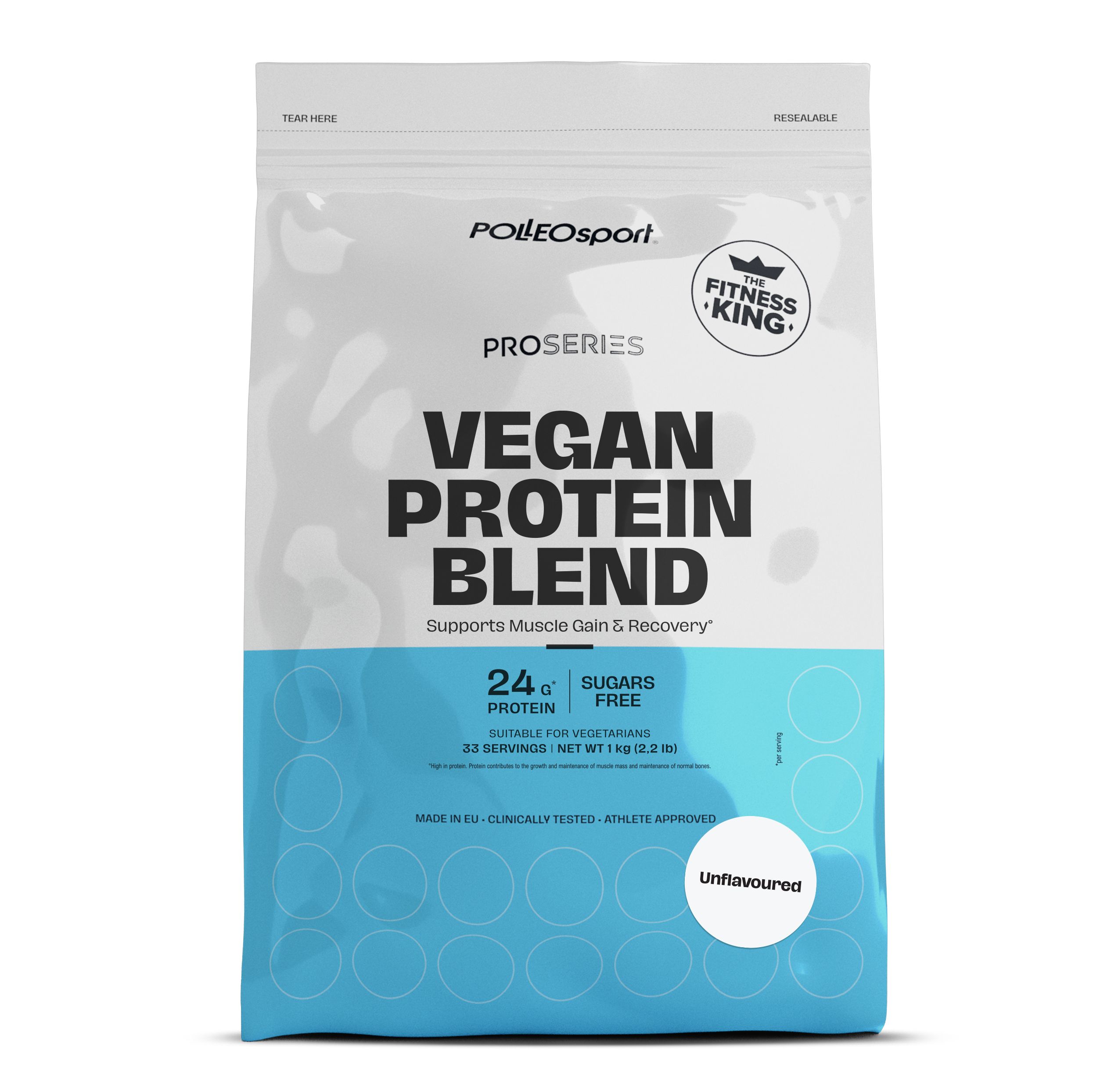 Beutel mit veganem Protein Blend. Aufschrift: Polleo Sport, Proseries, Vegan Protein Blend. 24g Protein, zuckerfrei, unaromatisiert.