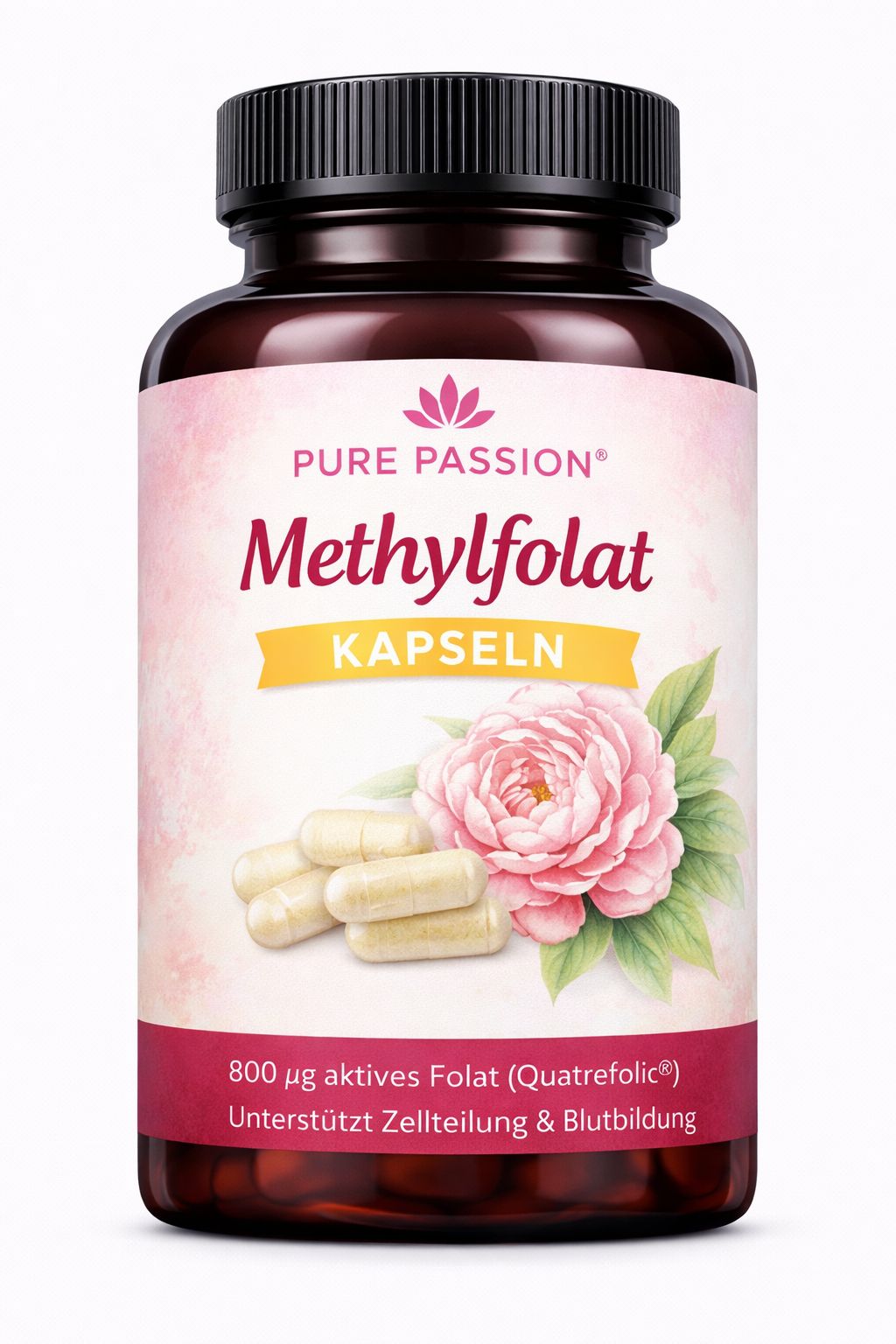Braune Flasche mit schwarzen Deckel. Aufschrift: Pure Passion Methylfolat Kapseln. Enthält Kapseln und eine Blume.