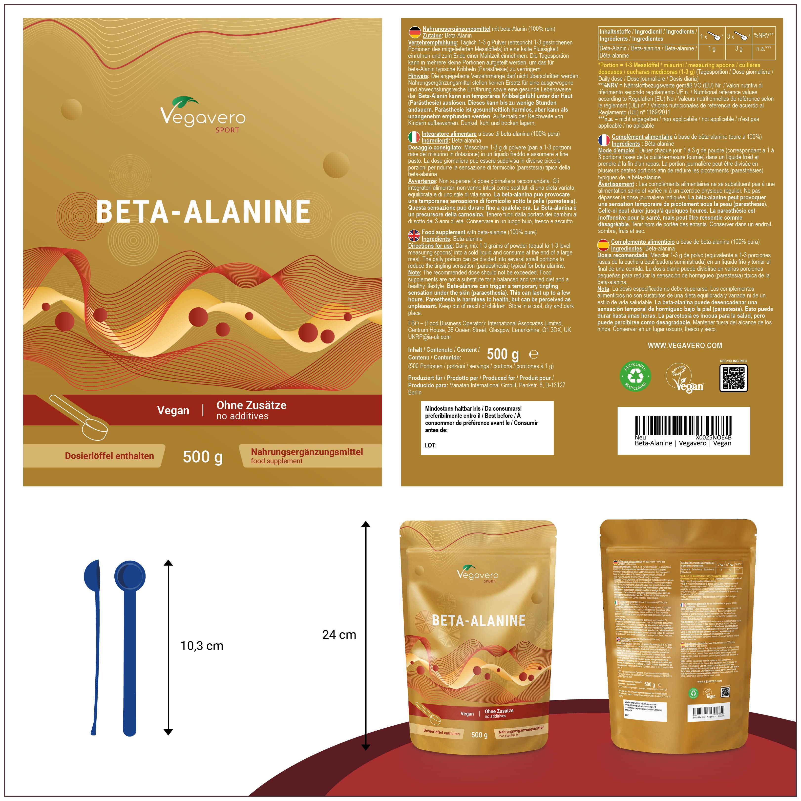 Produktverpackung mit Beta-Alanin-Pulver, Marke Vegavaro. Enthält Informationen und einen Messlöffel. Abmessungen: 24 cm x 10,3 cm.