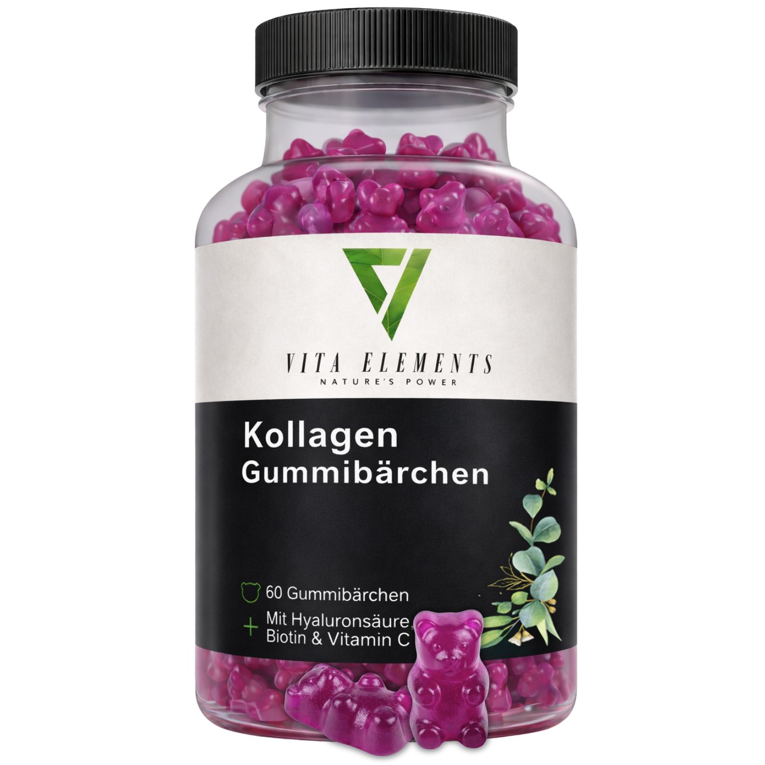 Vita Elements Kollagen Gummibärchen in einem Glasbehälter mit schwarzem Deckel, gefüllt mit lila Gummibärchen.