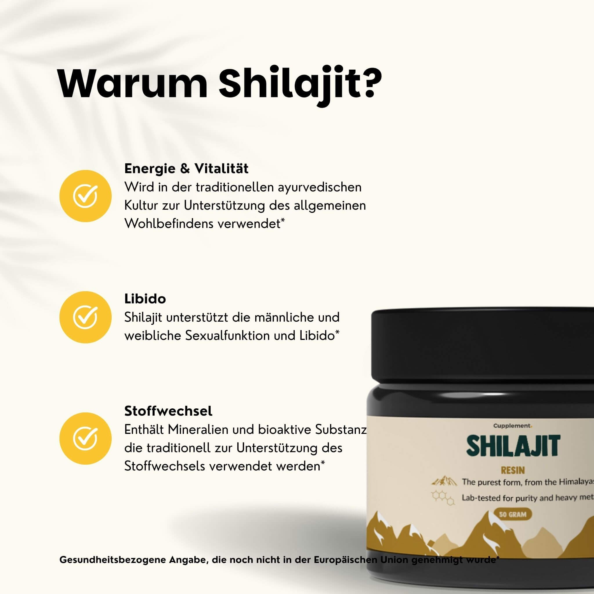 Glas mit Shilajit. Text: Warum Shilajit? Energie & Vitalität, Libido, Stoffwechsel.