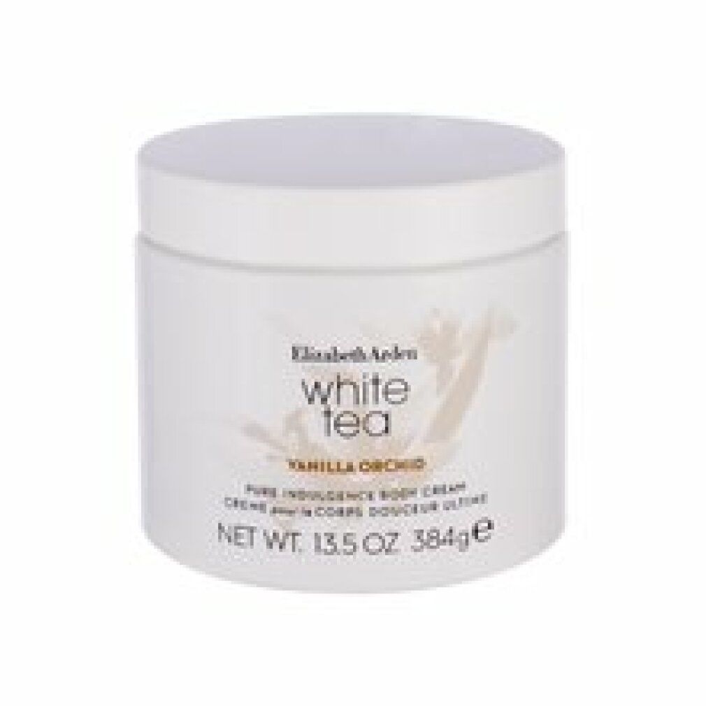 Weißer Tiegel mit Deckel. Aufschrift: Elizabeth Arden White Tea Vanilla Orchid Body Cream. Nettogewicht: 13,5 oz 384g.