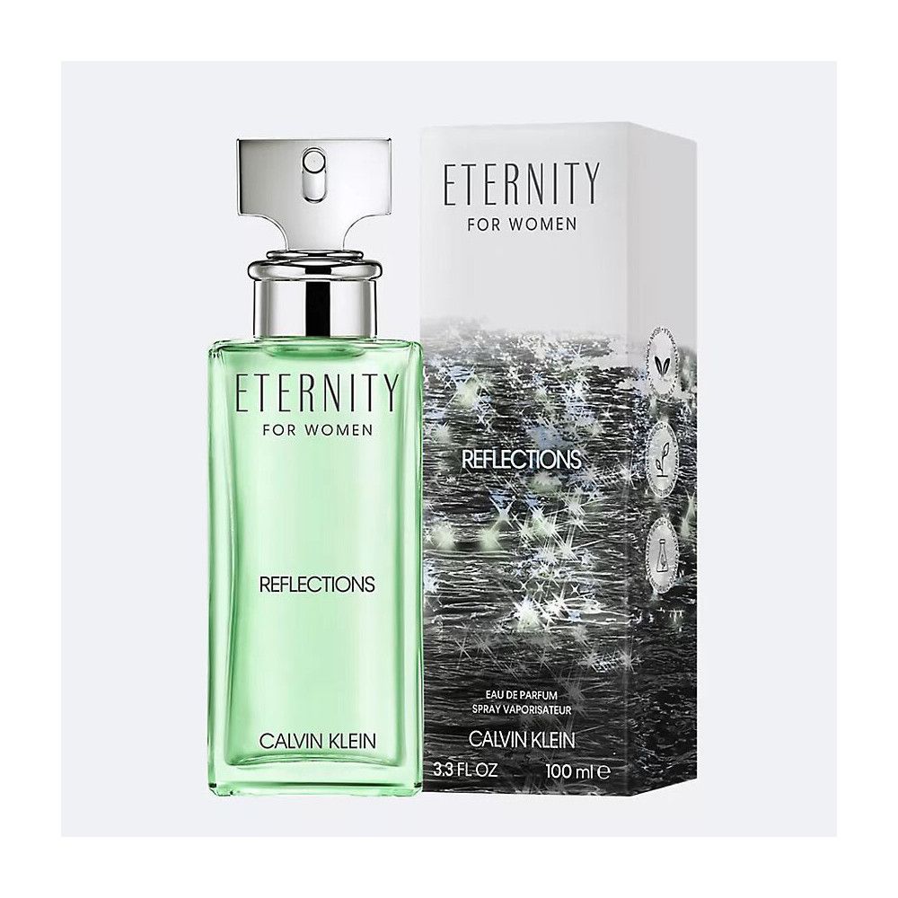 Grünes Parfümflakon mit silbernem Verschluss und Verpackung. Aufschrift: Eternity Reflections, Calvin Klein.