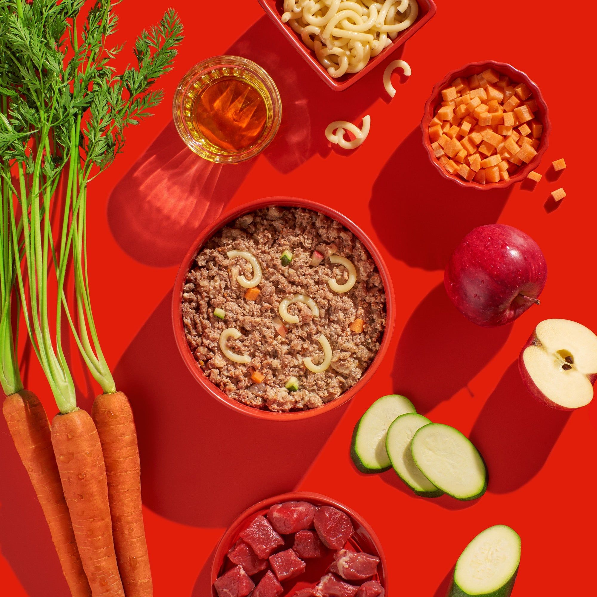Rote Schüssel mit Futter, Nudeln, Gemüse und Apfel. Karotten, Zucchini, Apfel und Öl daneben. Auf rotem Hintergrund.