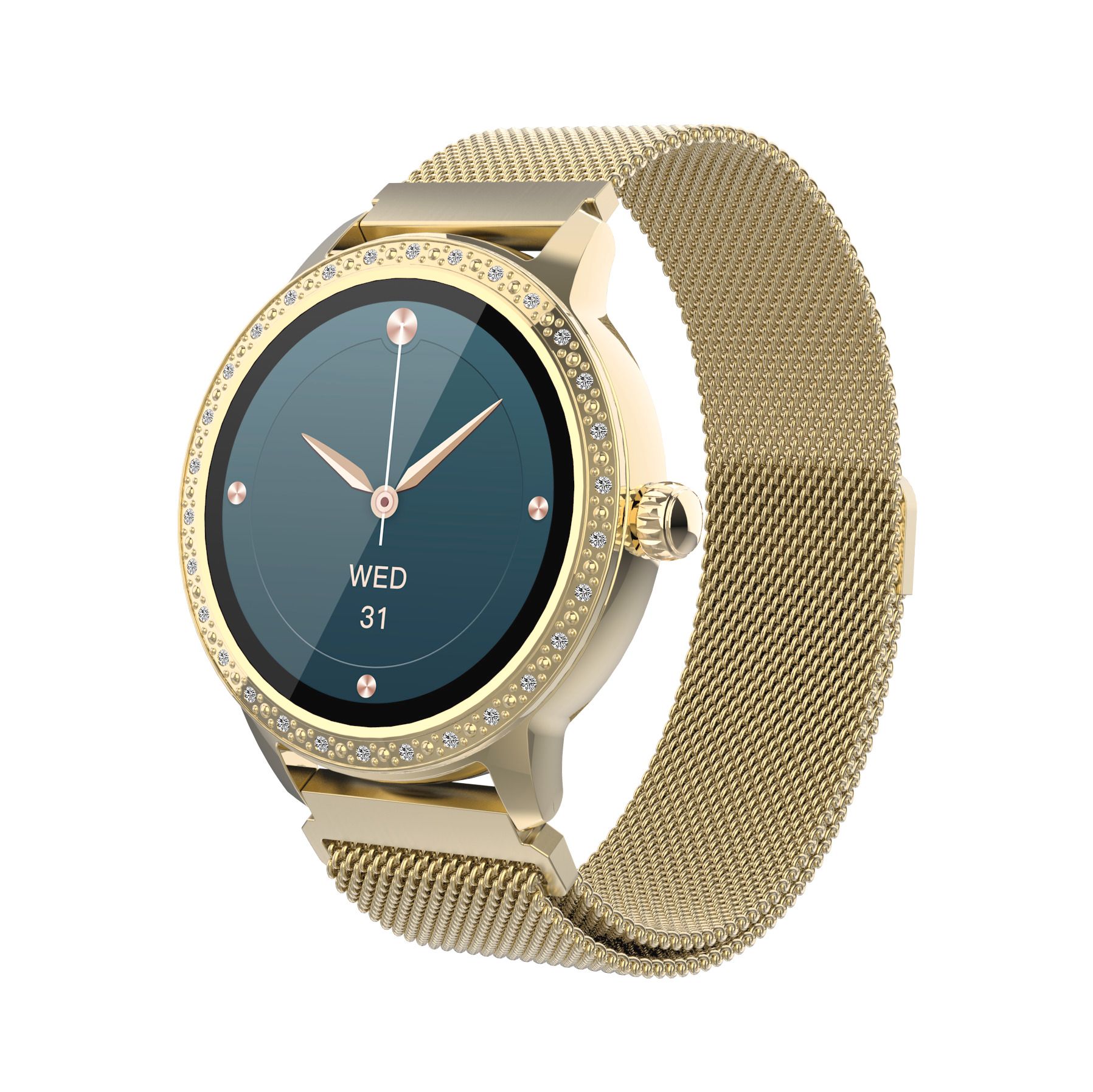 Goldene Smartwatch mit Mesh-Armband. Dunkelgrünes Zifferblatt mit Zeigern und Indizes. Lünette mit Schmucksteinen.