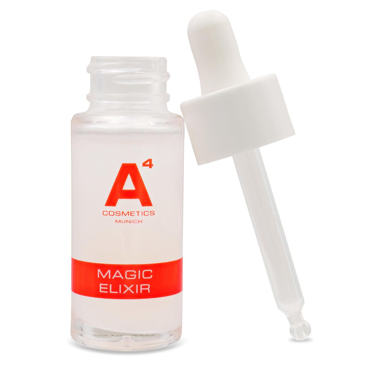 Glasflasche mit weißem Deckel und Pipette. Roter Streifen mit "MAGIC ELIXIR". Logo "A4 Cosmetics Munich".
