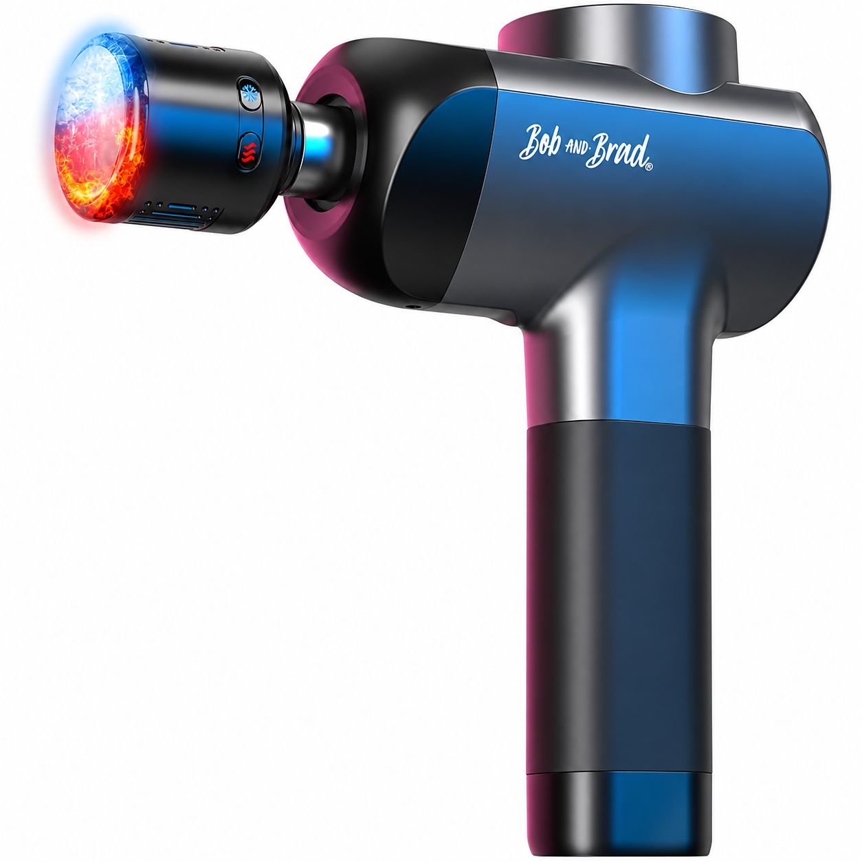 Massagepistole mit blauem und rotem Lichteffekt am Aufsatz.
