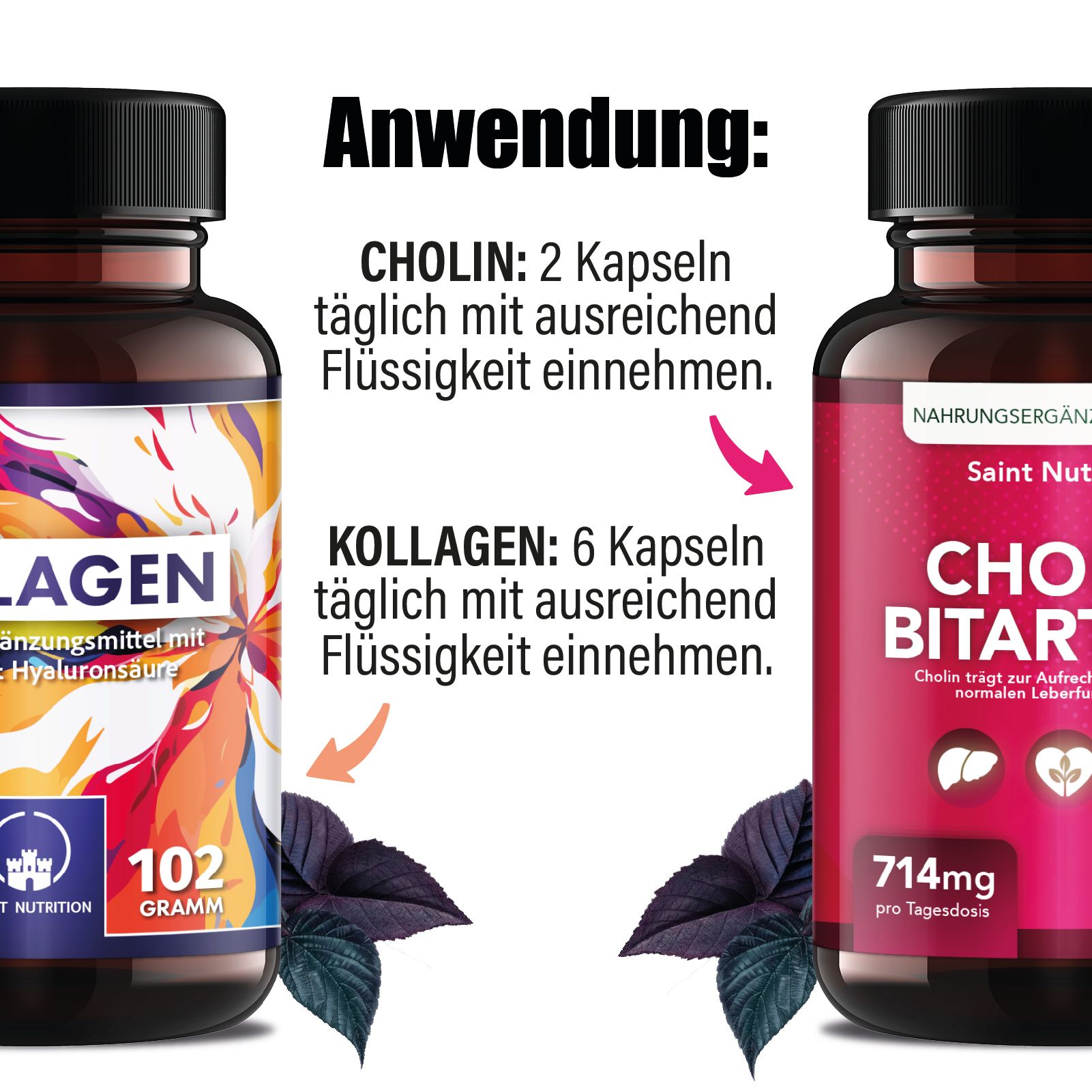 Zwei Flaschen Saint Nutrition® Kollagen & Hyaluron Kapseln und Cholin Bitartrat Kapseln. Text über Anwendung.