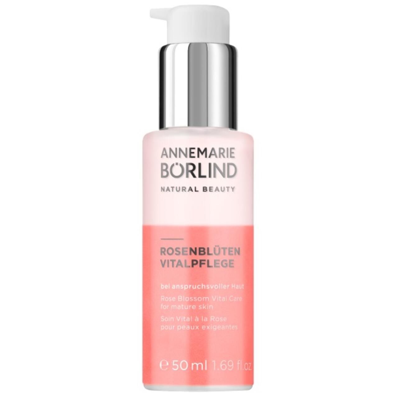 Flasche mit Pumpe. Text: ANNEMARIE BÖRLIND, ROSENBLÜTEN VITALPFLEGE. 50 ml.