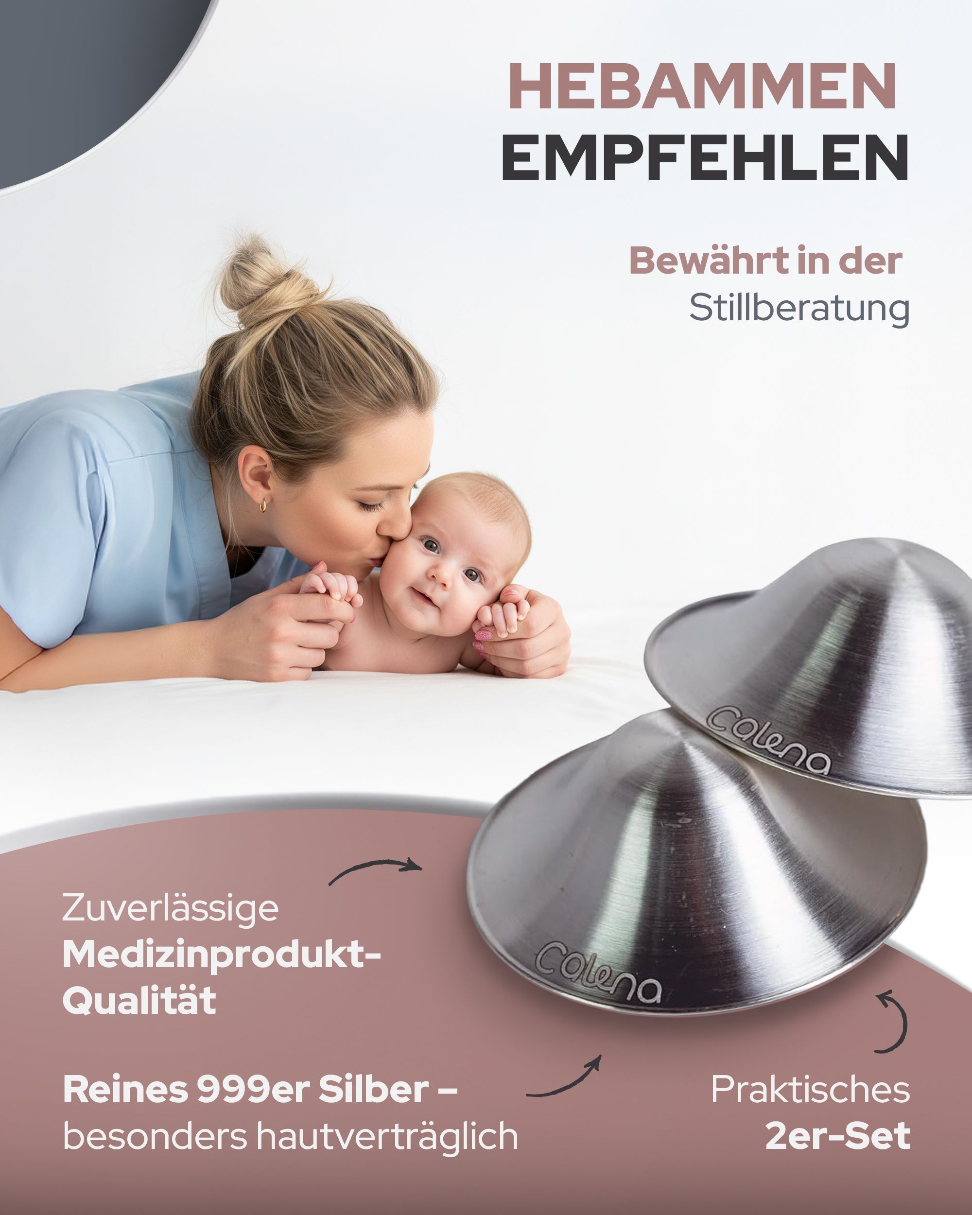Zwei silberne Brustwarzenschützer. Marke Calena. Text: Hebammen empfohlen. Reines 999er Silber. Medizinprodukt-Qualität. Praktisches 2er-Set.