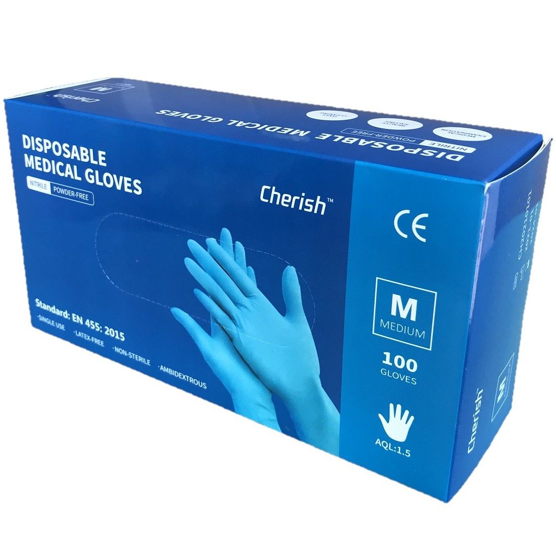 Blauwe Box mit medizinischen Einweghandschuhen. Marke Cherish, Größe M, 100 Stück. CE-Kennzeichnung. EN 455.