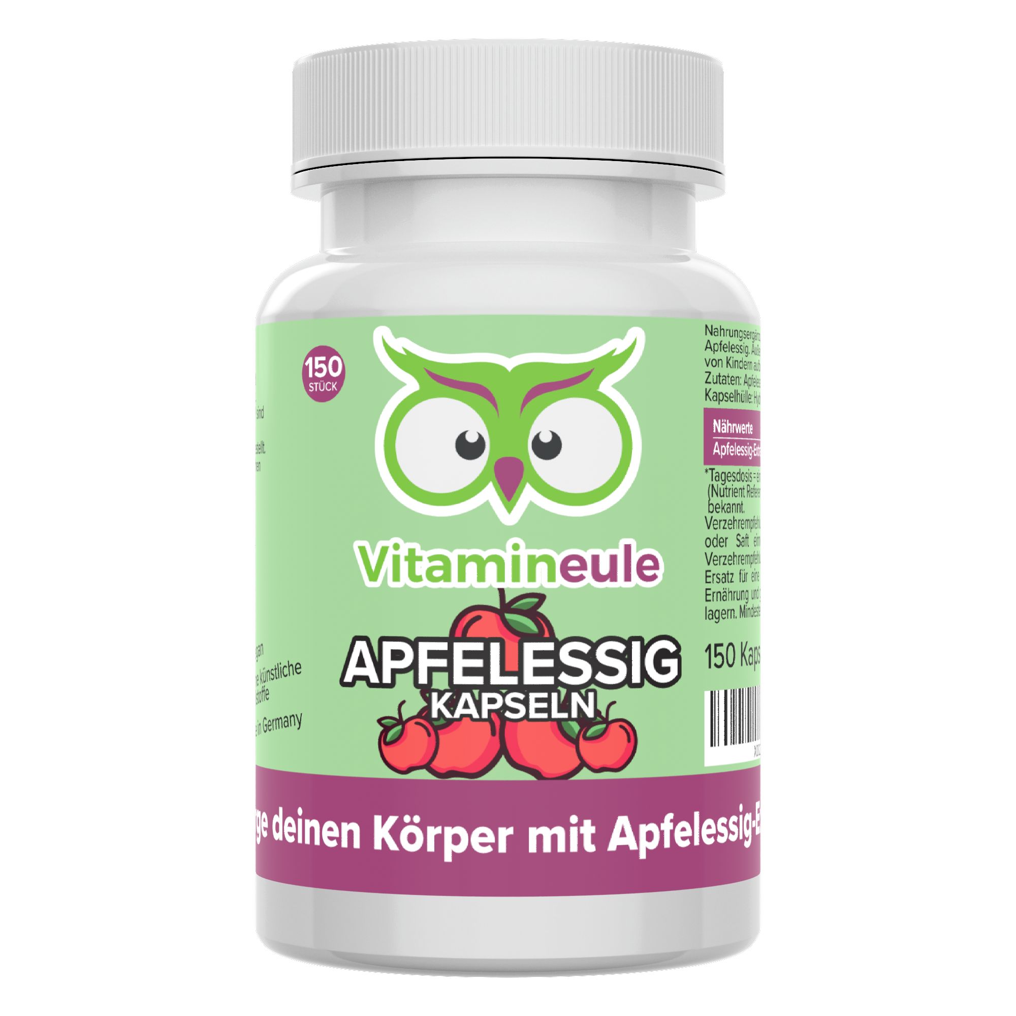 Weißes Fläschchen mit grüner Aufschrift. Enthält Apfelessig Kapseln. Aufschrift: Vitamineule, Apfelessig Kapseln, 150 Stück.