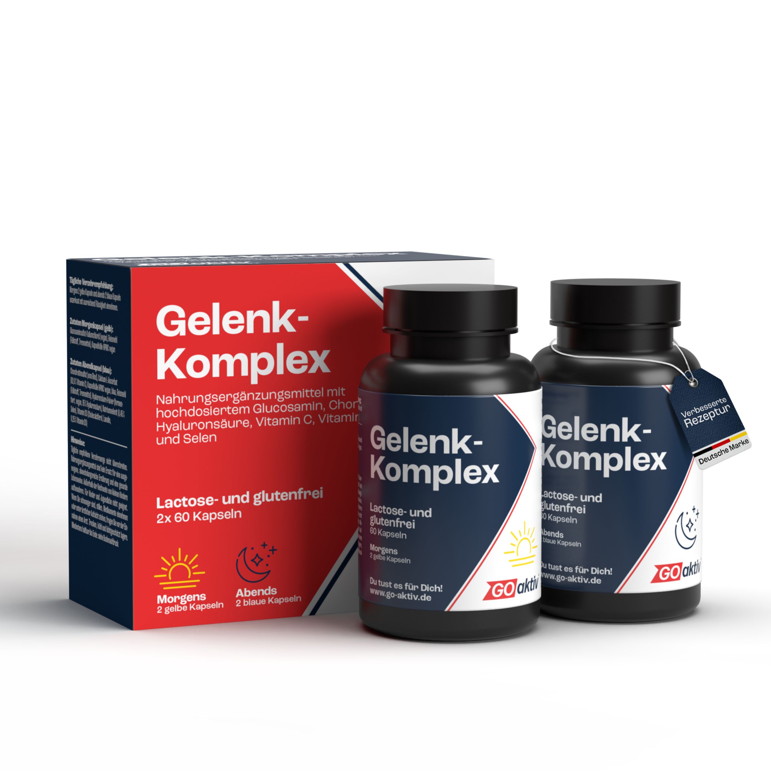 GOaktiv® Gelenk-Komplex, zwei Flaschen und eine Schachtel. Aufschrift: Gelenk-Komplex, lactose- und glutenfrei.
