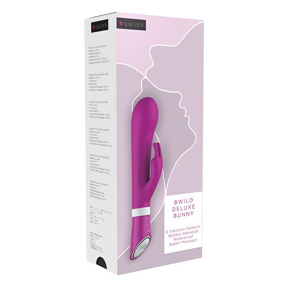 Produktverpackung. Rosa Vibrator mit gebogener Form. Text: 'b swish'.