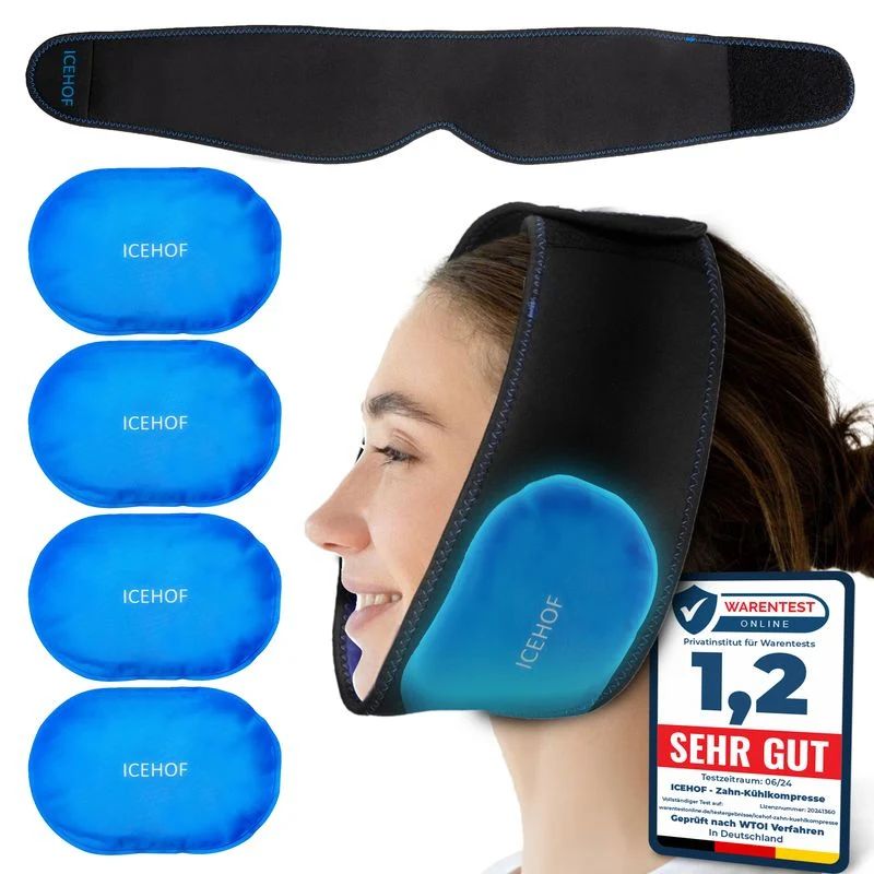 Kühlpack-Set für den Kieferbereich mit Bandage und vier Pads.