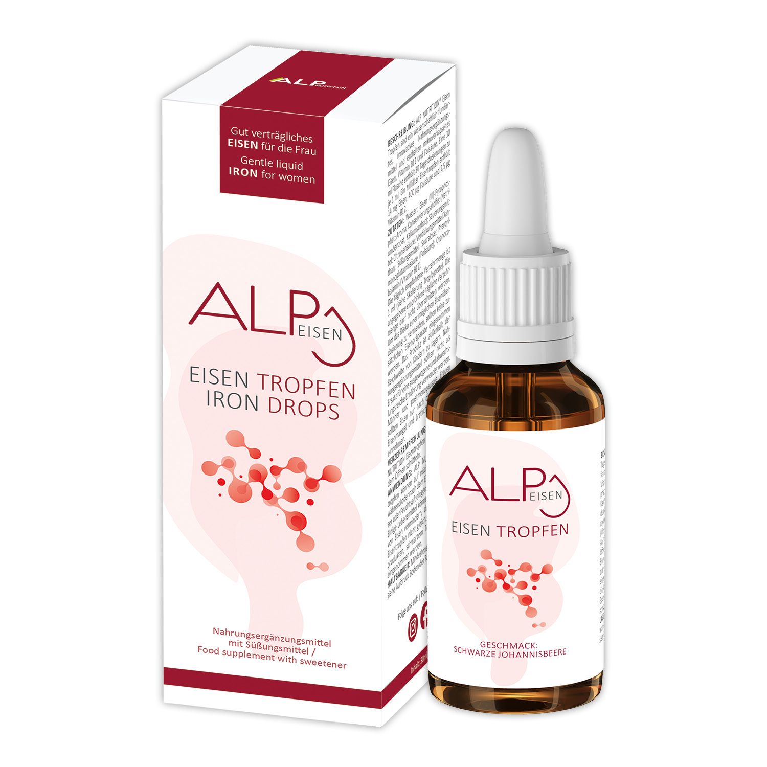 ALP NUTRITION Eisentropfen Flasche und Karton. Tropfflasche mit Pipette, Karton mit Molekül-Design.