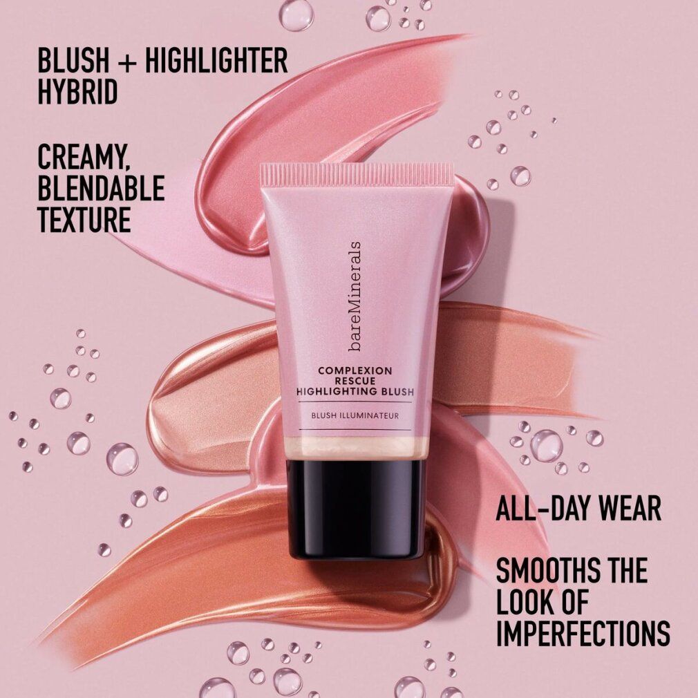 Rosa Tube mit Produkt-Swatches und Text. Aufschrift: bareMinerals, COMPLEXION RESCUE, HIGHLIGHTING BLUSH, BLUSH ILLUMINATEUR. Text: Hybrid, Textur.