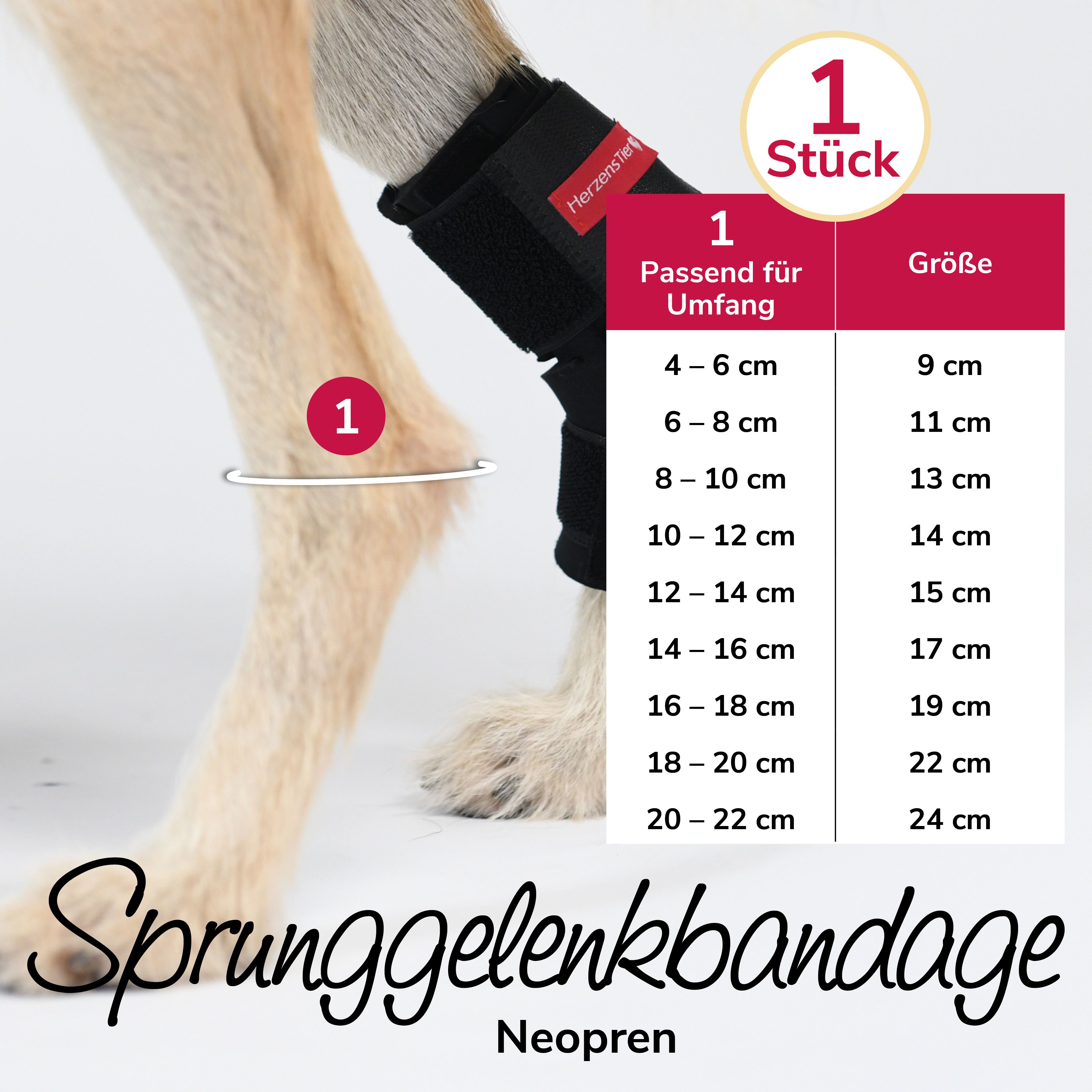 Sprunggelenkbandage aus Neopren. Größentabelle mit Umfang und Größe in cm. Text: Sprunggelenkbandage Neopren.