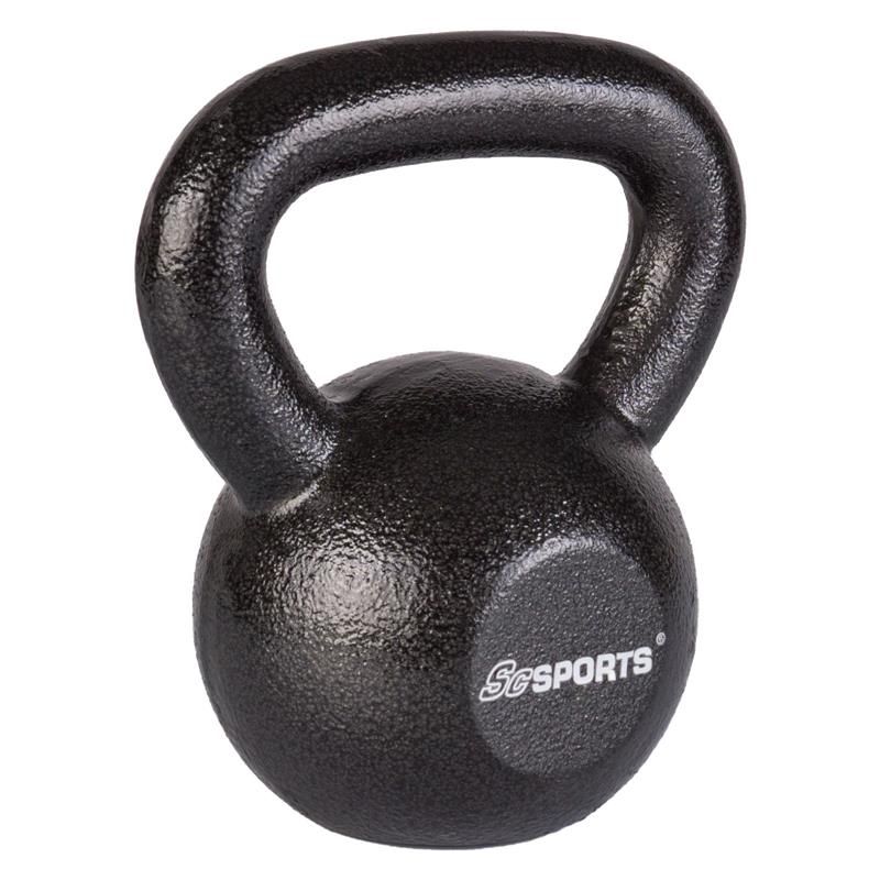 Schwarze Kettlebell mit Henkel. Aufschrift 'ScSPORTS'.