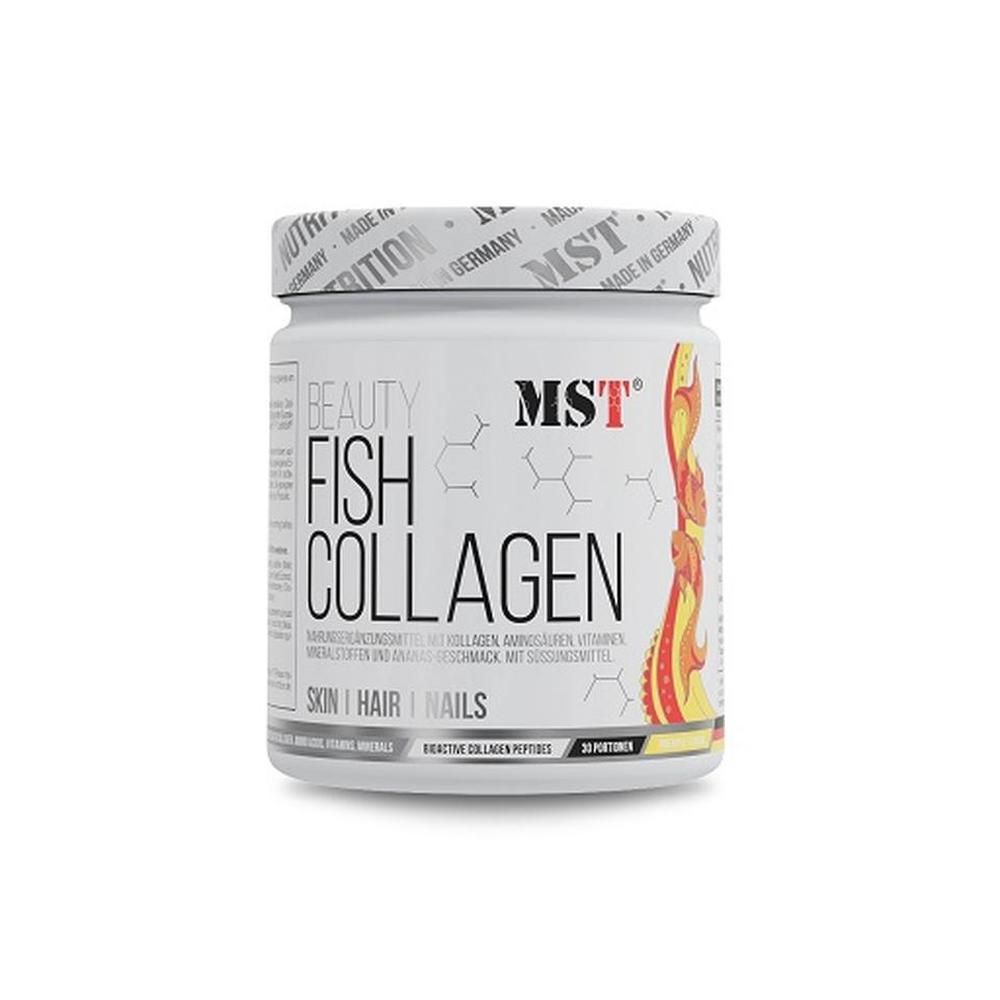 Weißes Behältnis mit Deckel. Aufschrift: BEAUTY FISH COLLAGEN. Logo: MST. Text: SKIN | HAIR | NAILS. Mit 30 Portionen.