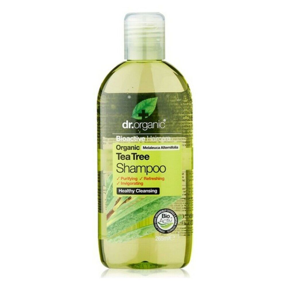 Dr. Organic Bio-Teebaum-Shampoo. Grüne Flasche mit grünem Deckel. Aufschrift: Organic Tea Tree Shampoo. Bio-Activ-Siegel.