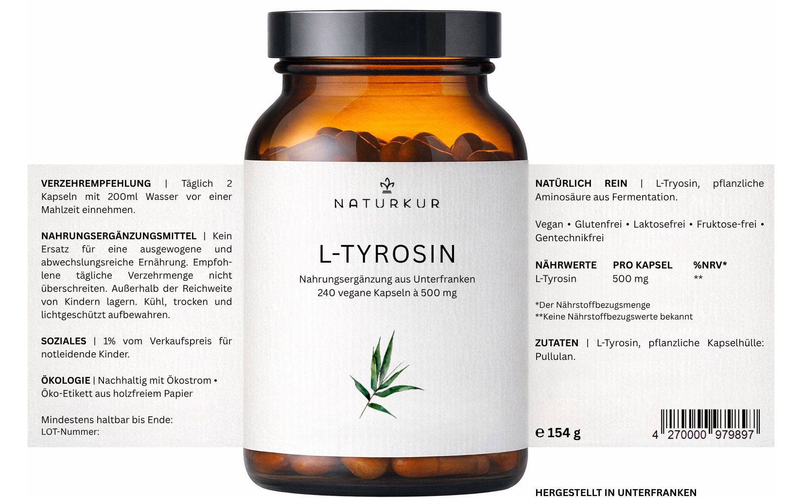 Naturkur L-Tyrosin Kapseln: Braunglasflasche mit 240 veganen Kapseln à 500 mg. Enthält detaillierte Nährwertangaben und Inhaltsstoffe.