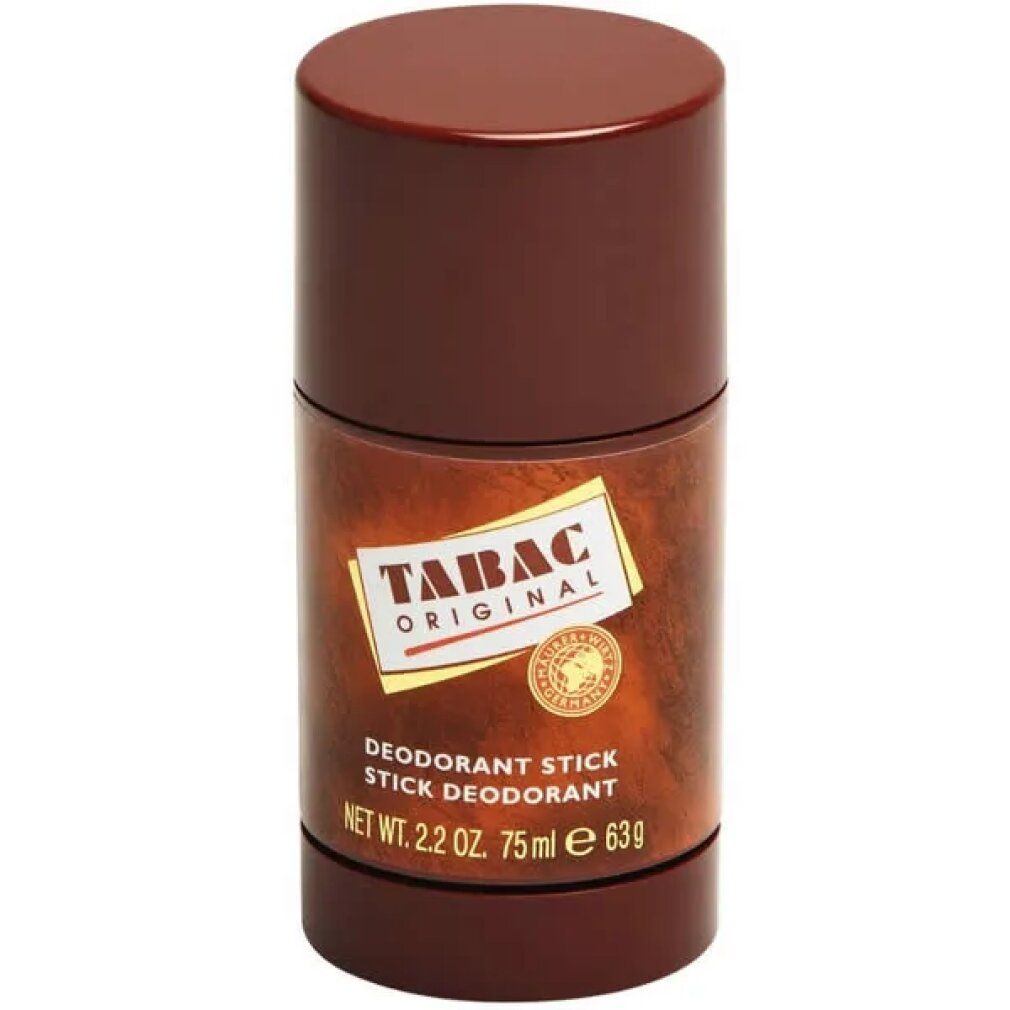 Deo-Stick Tabac Original. Braune Verpackung mit goldfarbenem Etikett. Text: Deodorant Stick, 75 ml.