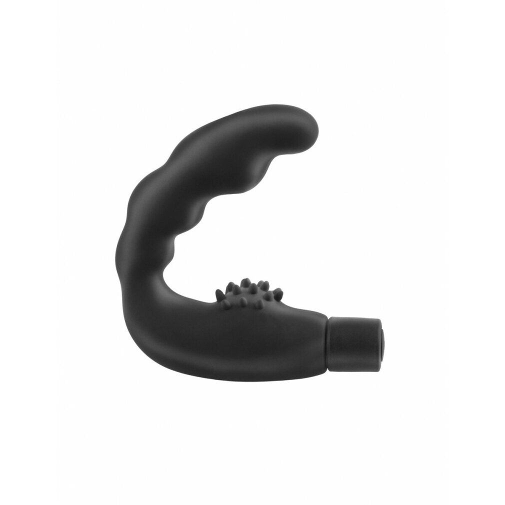 Schwarzes, gebogenes Wellness-Produkt mit strukturiertem Bereich und zylindrischem Ende. Ergonomisches Design.