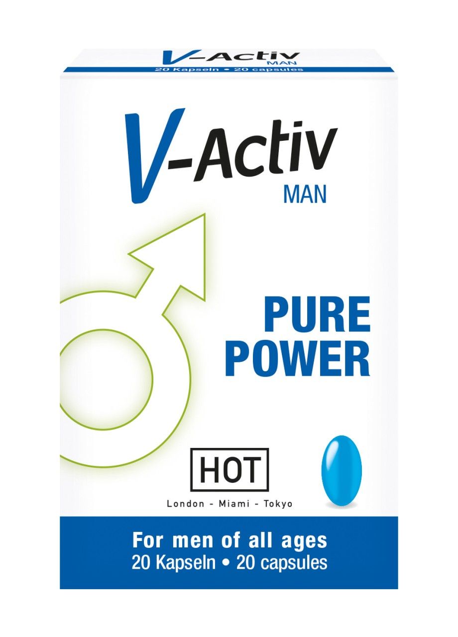 Weiße Verpackung mit blauer Schrift und einem männlichen Symbol. Text: V-Activ MAN, PURE POWER, HOT.