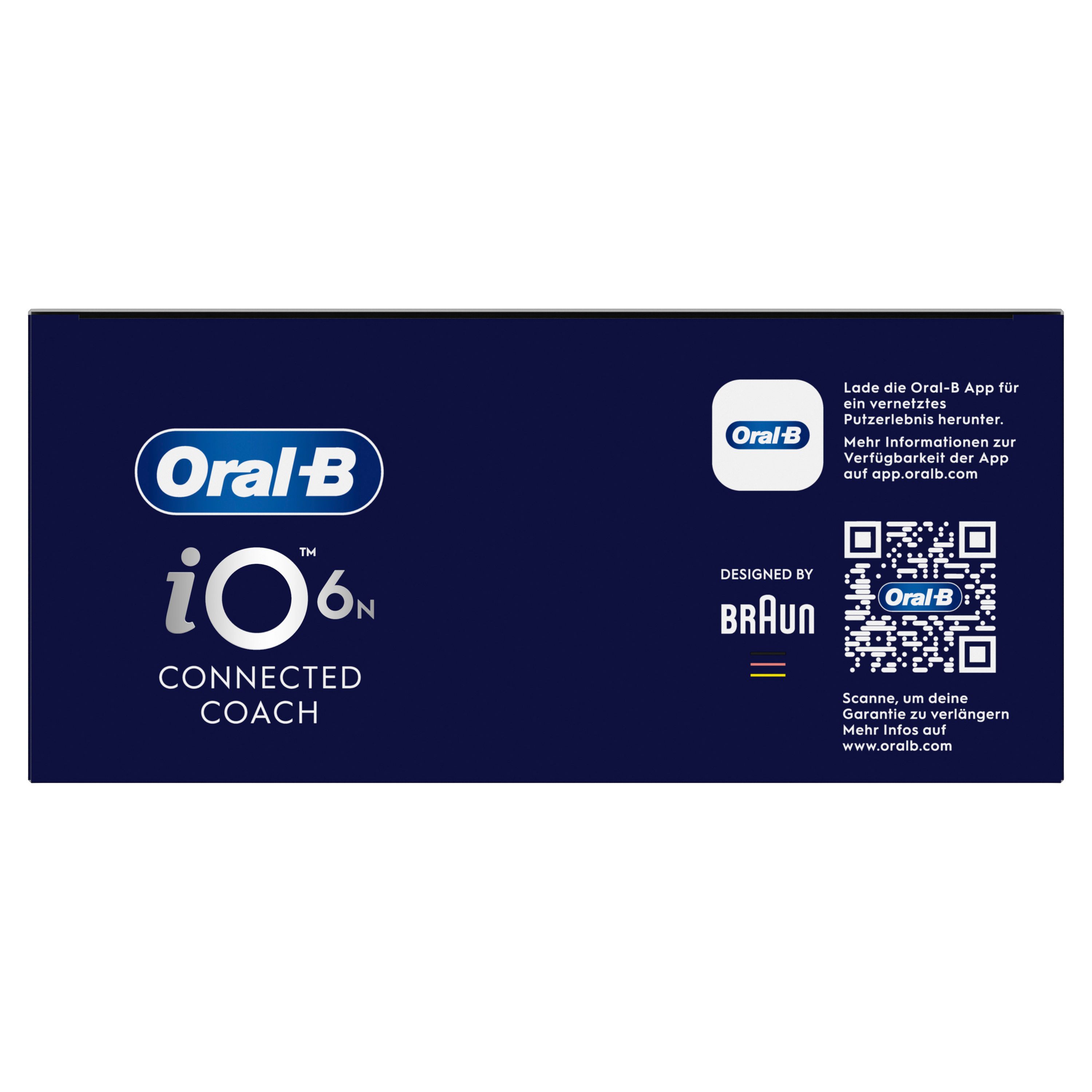 Seitenansicht der Oral-B iO 6 Verpackung mit Logo und QR-Code.