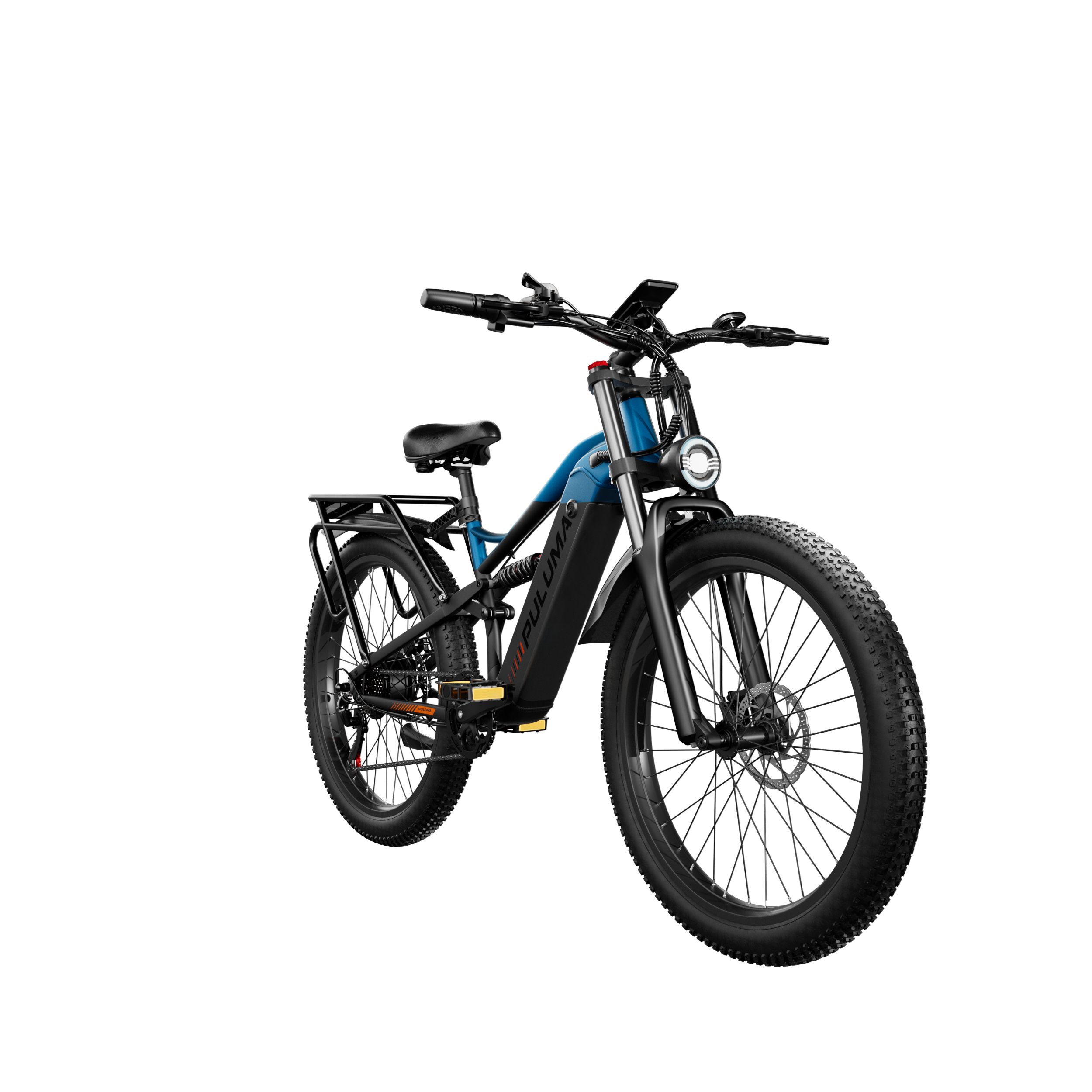 Blau-schwarzes E-Mountainbike mit breiten Reifen und Frontscheinwerfer. Gepäckträger.