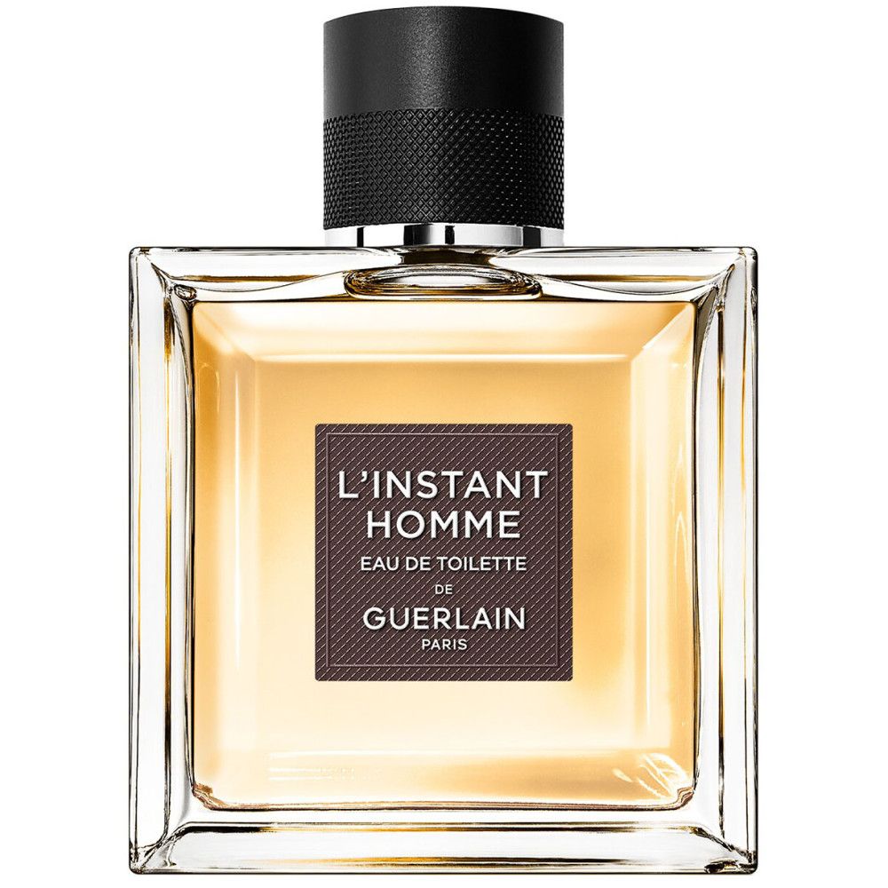 Guerlain l'Instant Homme Eau de Toilette Flakon. Eckiger Glasflakon mit braunem Etikett und schwarzem Verschluss.