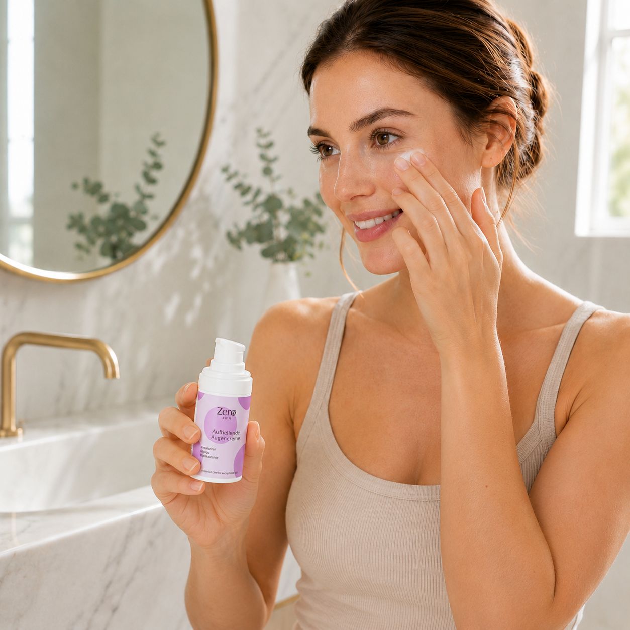 Frau hält eine weiße Flasche. Auf der Flasche steht "Zero Skin". Sie trägt die Creme auf ihr Gesicht auf.